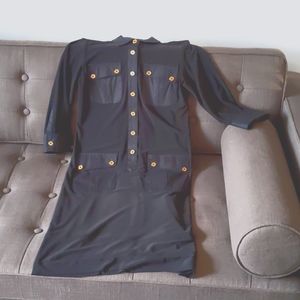 Black Ralph Lauren Shirt Dress, Jersey Knit with Cotton Collar, Gold Buttons